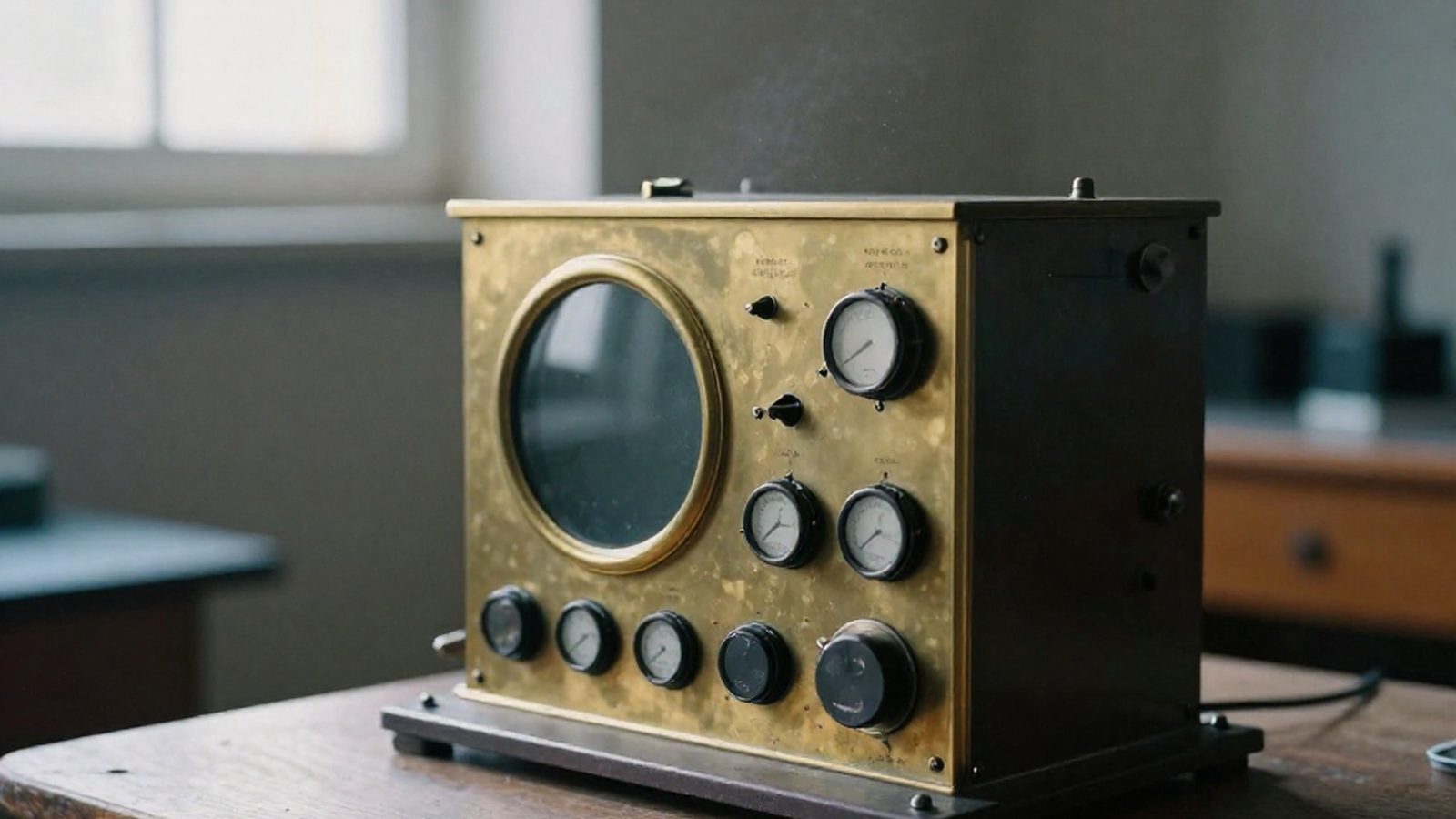 Un apparecchio da laboratorio d'epoca in ottone e bachelite, con un piccolo schermo tondo e file di manopole, su un tavolo di legno in una stanza spoglia