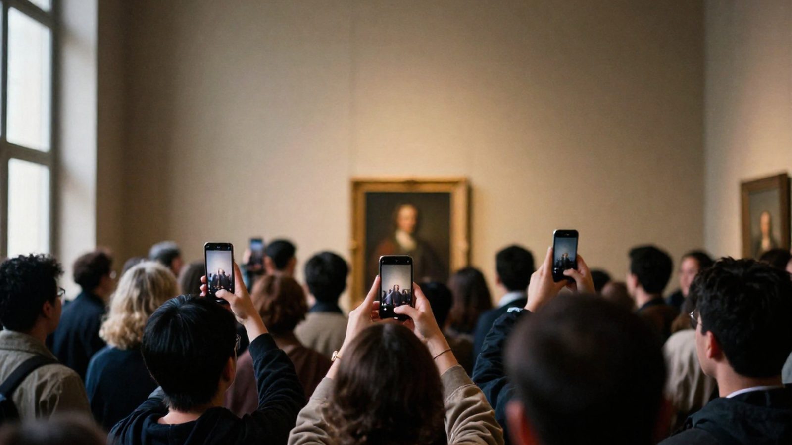Una folla di visitatori ripresa di spalle, con i telefoni alzati verso un piccolo quadro incorniciato su una parete lontana e in penombra
