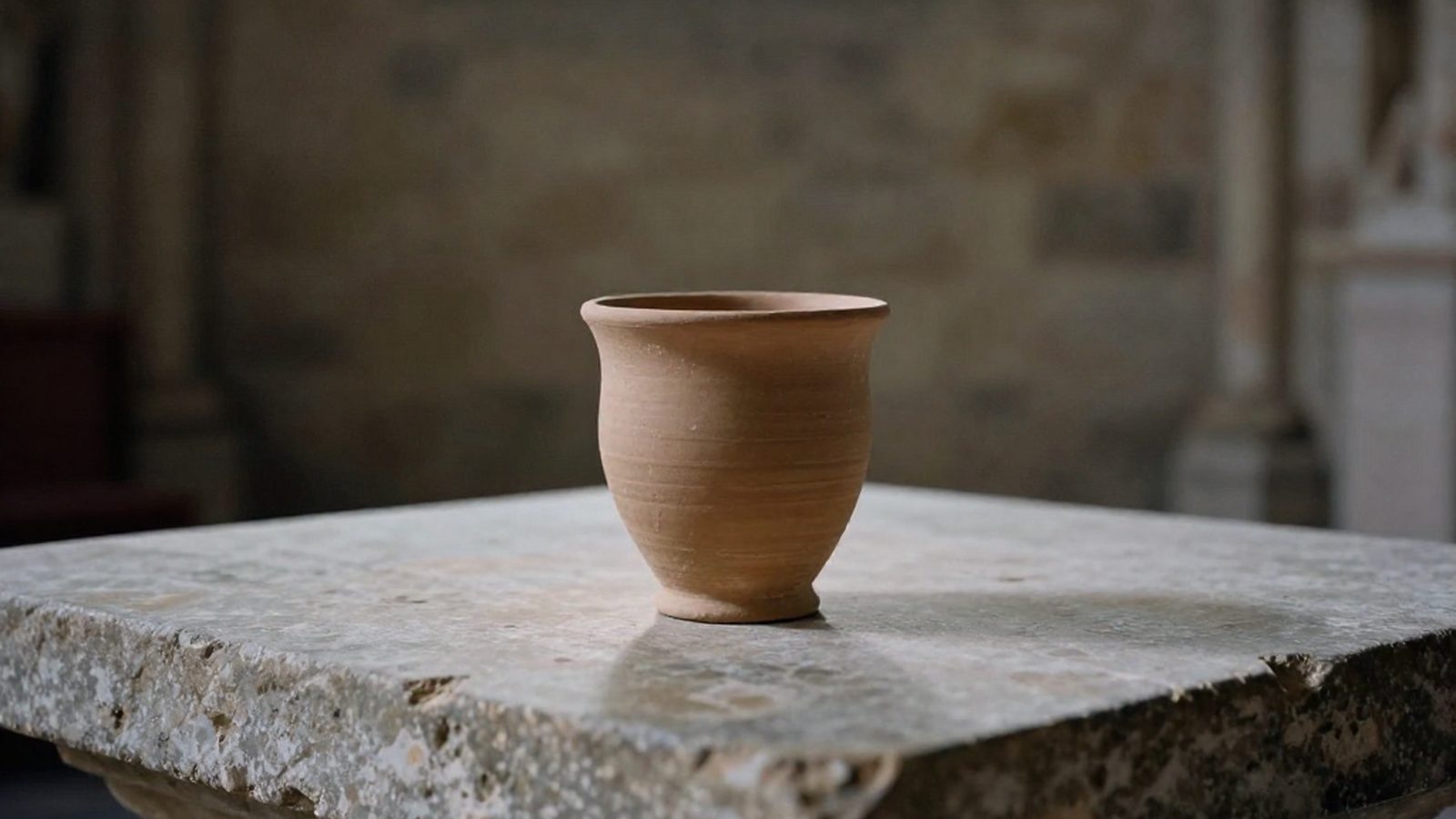 Una coppa di terracotta senza ornamenti su un altare di pietra consumata, in una chiesa romanica in penombra attraversata da un raggio di luce