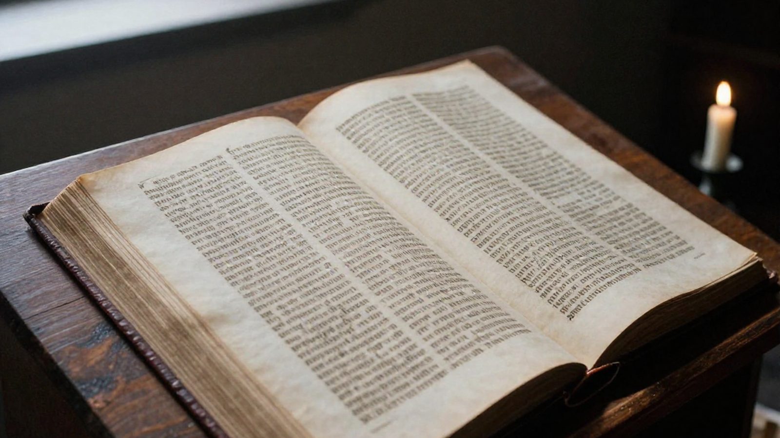 Un libro antico aperto su un leggio di legno, con fitta scrittura gotica su due colonne, illuminato di lato da una candela