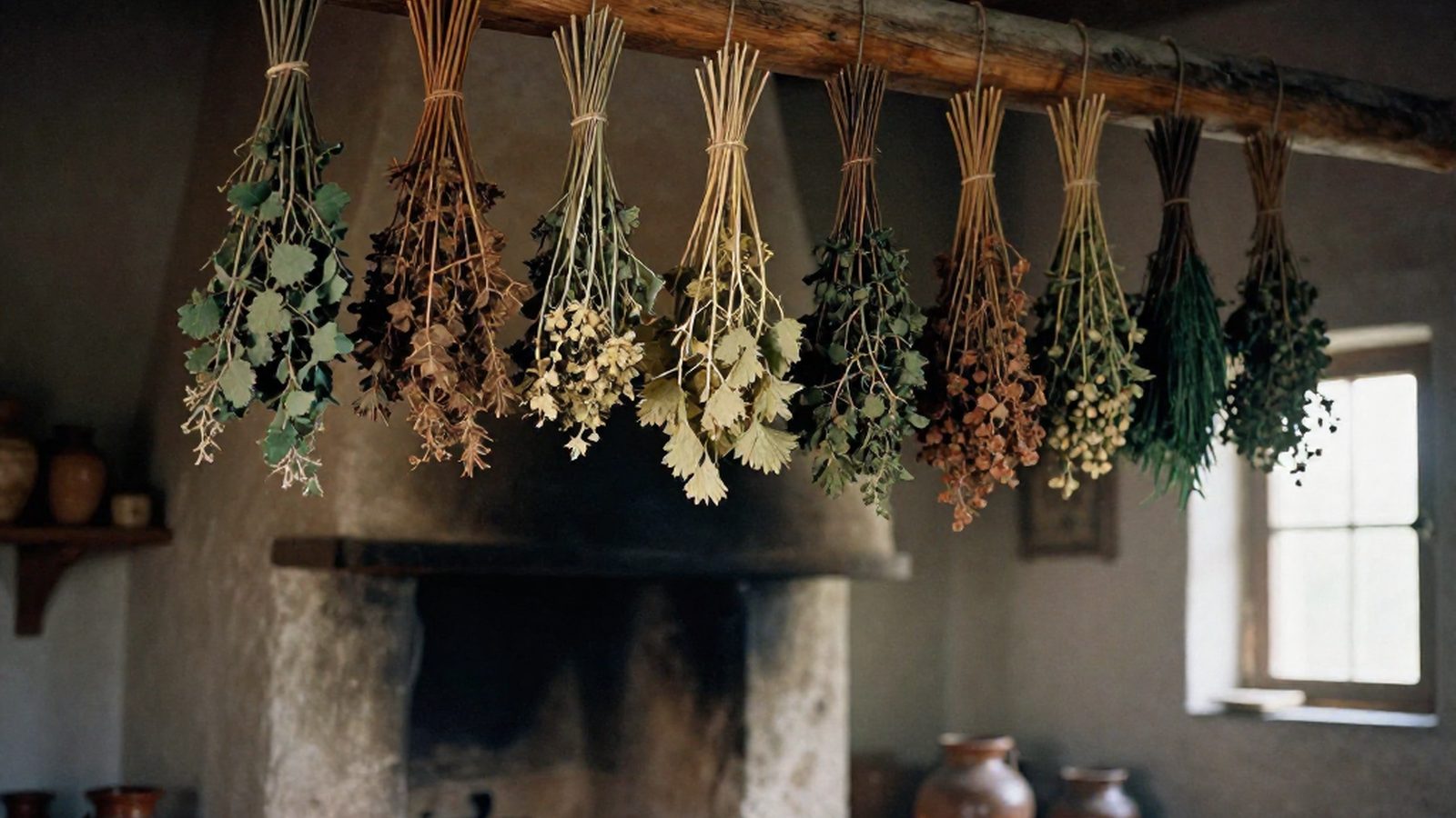 Mazzi di erbe essiccate appesi a una trave in una cucina rurale in penombra, con un focolare di pietra