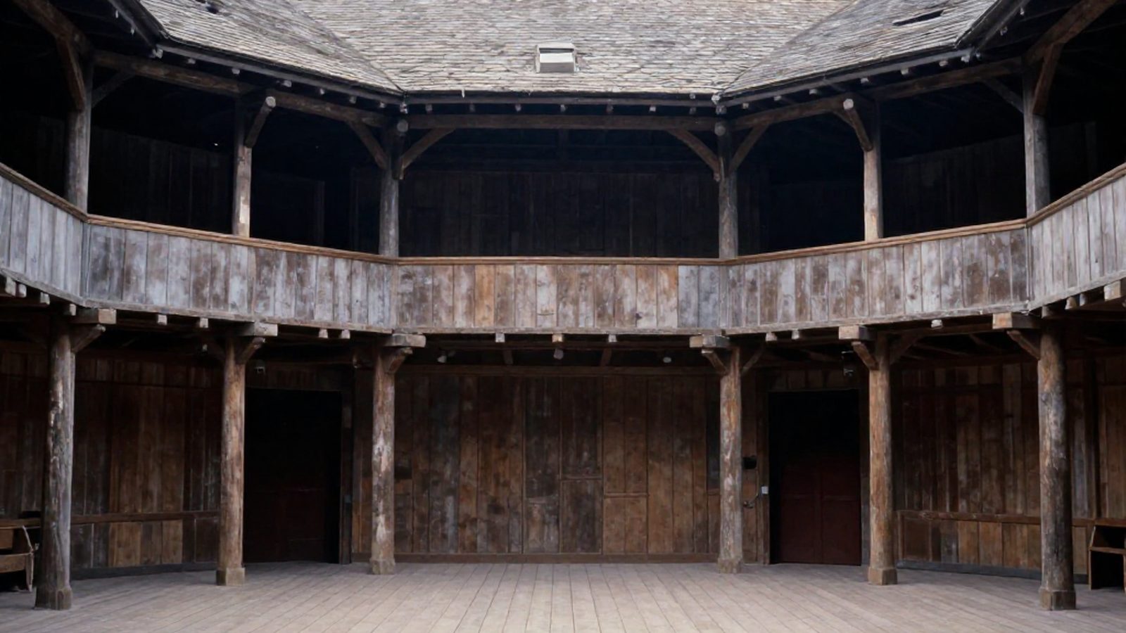 Il palcoscenico vuoto di un teatro elisabettiano visto dalla platea, con i pilastri di quercia e le due gallerie di legno sotto la luce che scende dall'alto