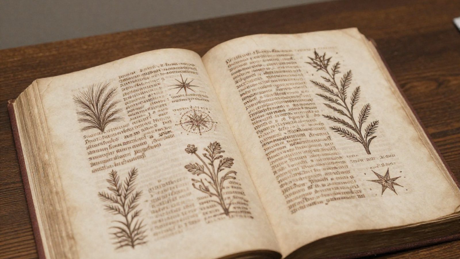 Un codice medievale aperto su un tavolo scuro, con disegni di piante che non somigliano a nessuna specie reale, diagrammi circolari di stelle e una scrittura illeggibile